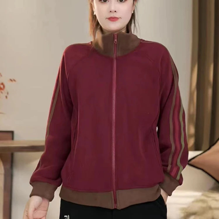 2025年秋冬加绒加厚时尚休闲百搭宽松双面澳粒绒立领拼色外套女