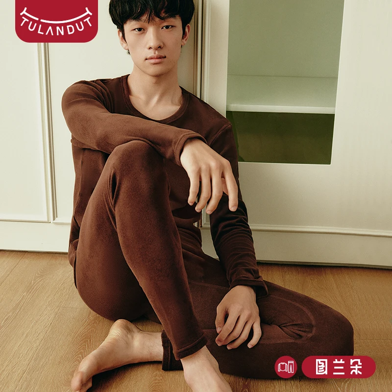 图兰朵秋冬款保暖内衣咖啡碳德绒女男士保暖内衣套装圆领秋衣秋裤