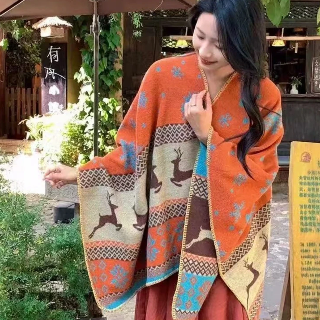 内蒙古厂家直邮双面羊羔毛小鹿民族风冬季披肩旅行拍照网红爆款