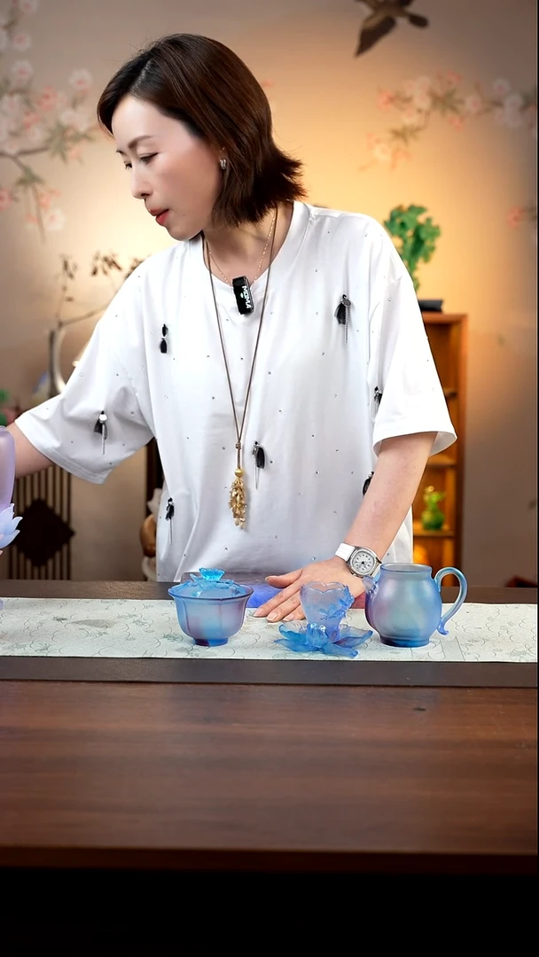 琉璃闪购花杏盖碗+玉兰茶杯+杯垫+静影公道