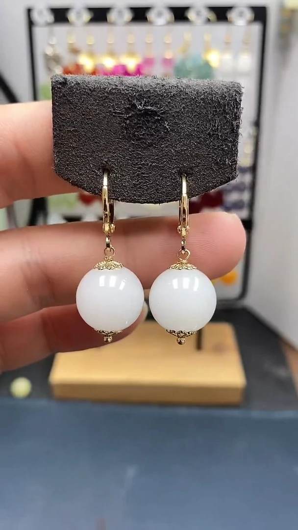 银S925镀金镶嵌和田玉耳饰尺寸14mm耳扣55