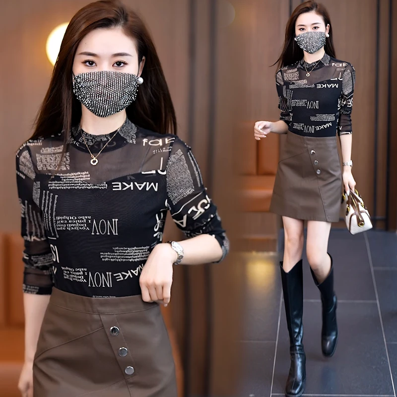 半高领蕾丝打底衫女士内搭春秋薄款黑色网纱长袖t恤洋气小衫上衣