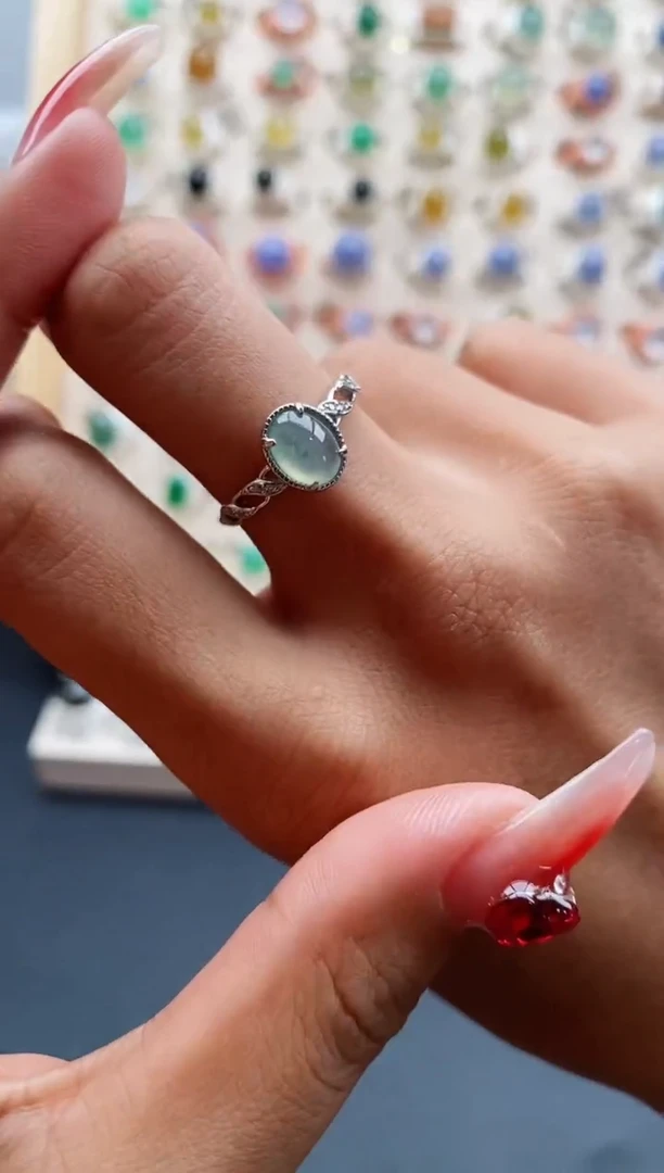 【闪购商品】翡翠戒指银S925镶嵌天然缅甸A货翡翠222 6+3