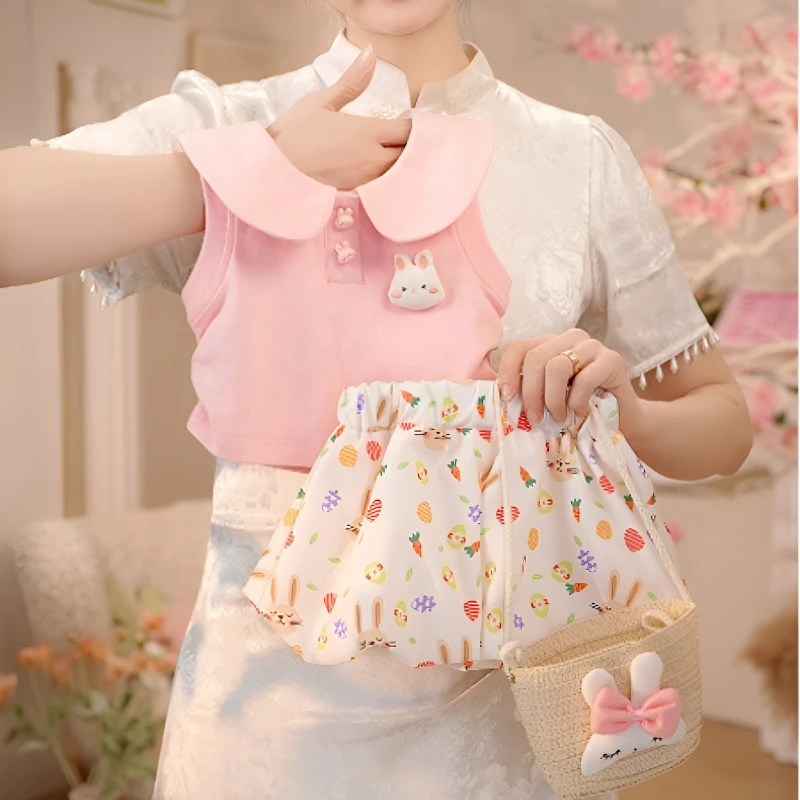 【现货】2025年夏季新款女小童可爱粉色小兔胡萝卜可爱polo套装026