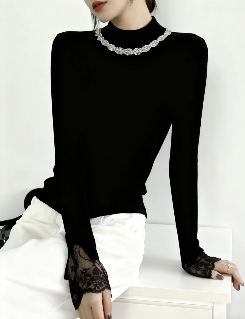 天鹅绒女拼接上衣蕾丝针织毛针织衫春季毛衣百搭秋季冬季显瘦黑色