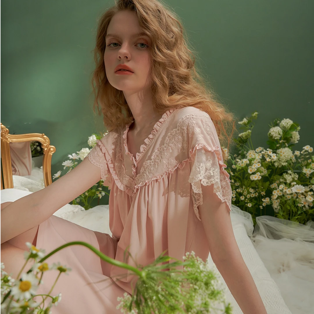 公主风薄款蕾丝夏季短袖睡裙复古设计0050