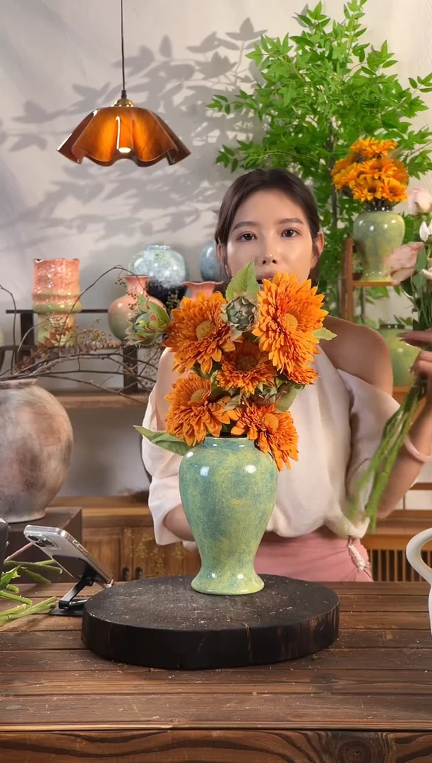 [绿野仙踪-中号美人花瓶】复古绿色陶瓷花瓶干花鲜花陶罐桌面斗柜