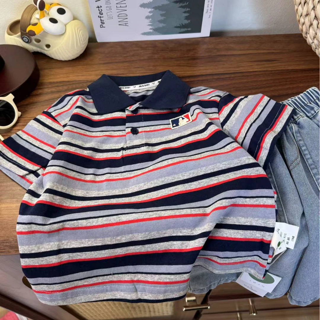 【JMJQ 20237】夏季儿童韩版撞色领色织条纹薄款polo短袖T恤