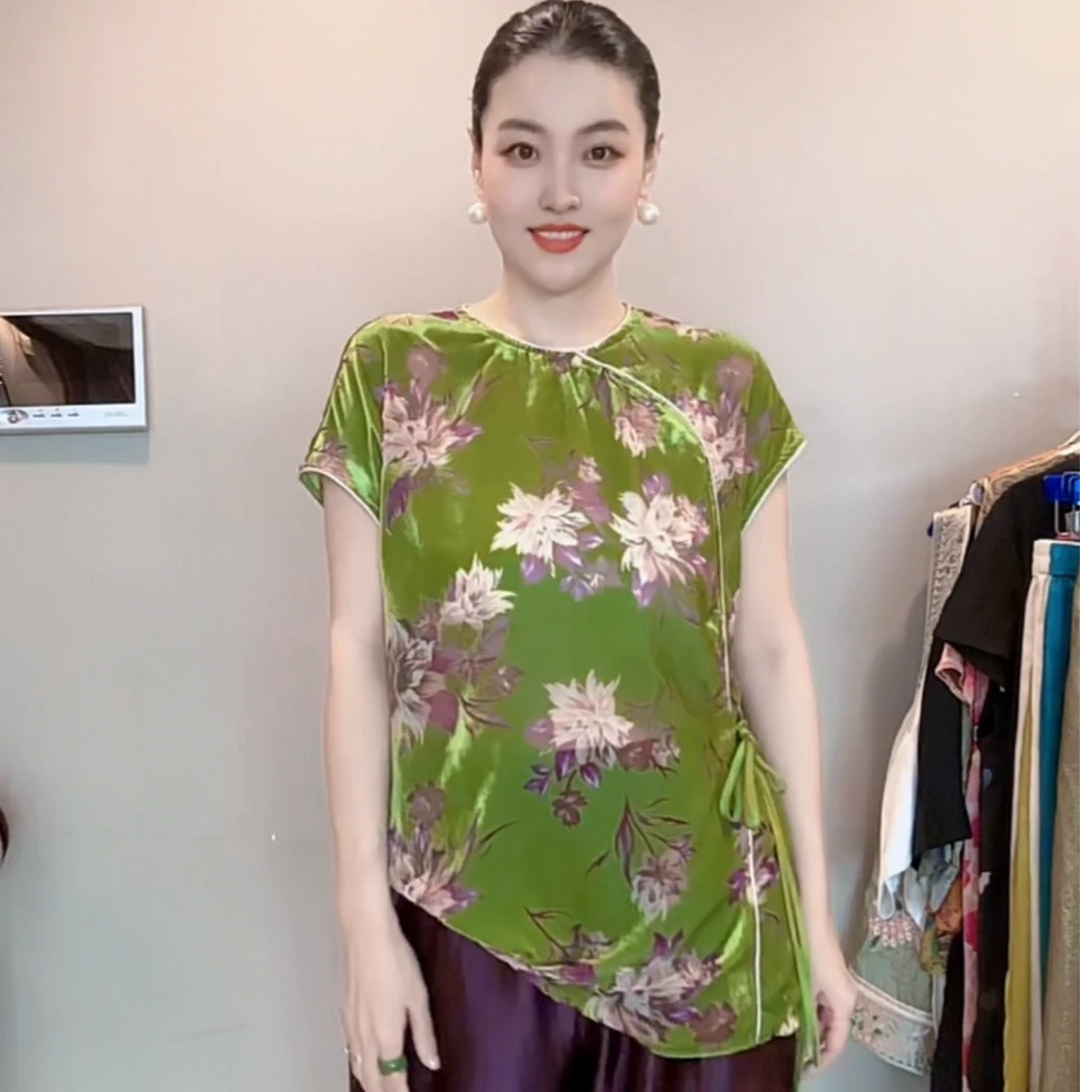 3304｛绿芜｝新中式高端定制烧花丝绒宽松显瘦夏日清爽透气上衣