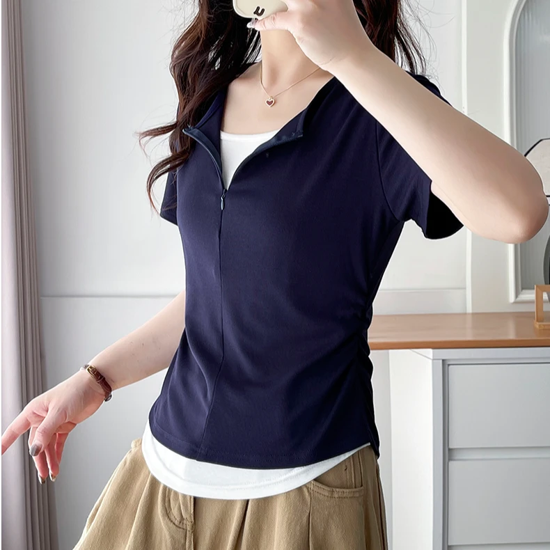 新款女夏假两件洋气褶皱收腰T恤正肩显瘦减龄时尚短袖#2001