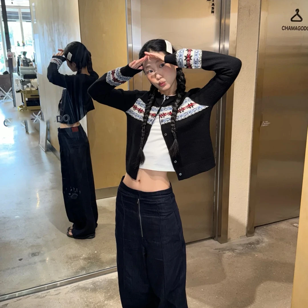 美式复古浪漫费尔岛针织开衫女秋冬季撞色打底衫提花长袖毛衣外套