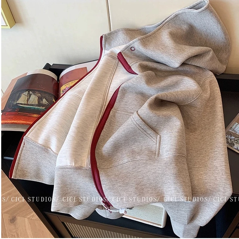 韩系灰色连帽卫衣外套开衫女秋季2025新款简约气质宽松百搭短上衣