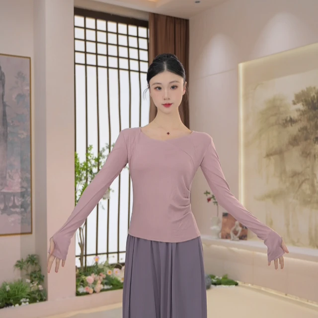 074V方领褶皱秋冬款气质优雅舞蹈服显瘦可外穿形体服上衣中国舞