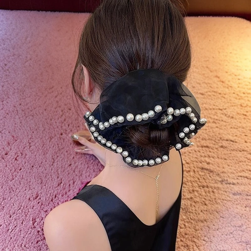 2025珍珠网纱大肠发圈法式气质头绳优雅百搭发饰