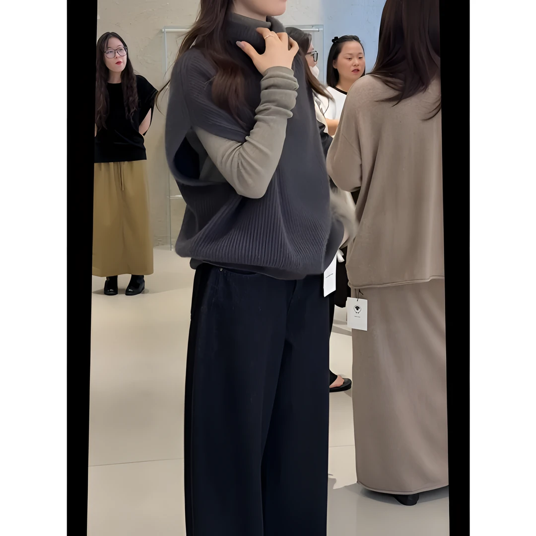 秋冬新款美式复古半高领无袖针织马甲背心打底衫阔腿裤套装X11407