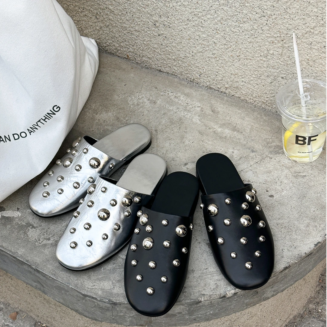 “真皮铆钉穆勒鞋” 慵懒风懒人包头外穿拖鞋 YL205972-1