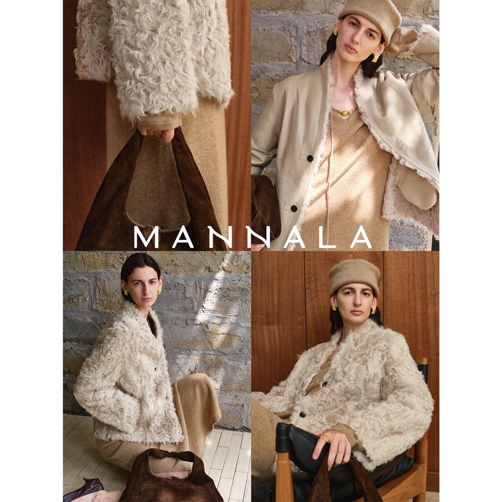 MANNALA稀贵湖羊丨“小富羊”娇嫩天然0压感双面v领湖羊外套Q6330