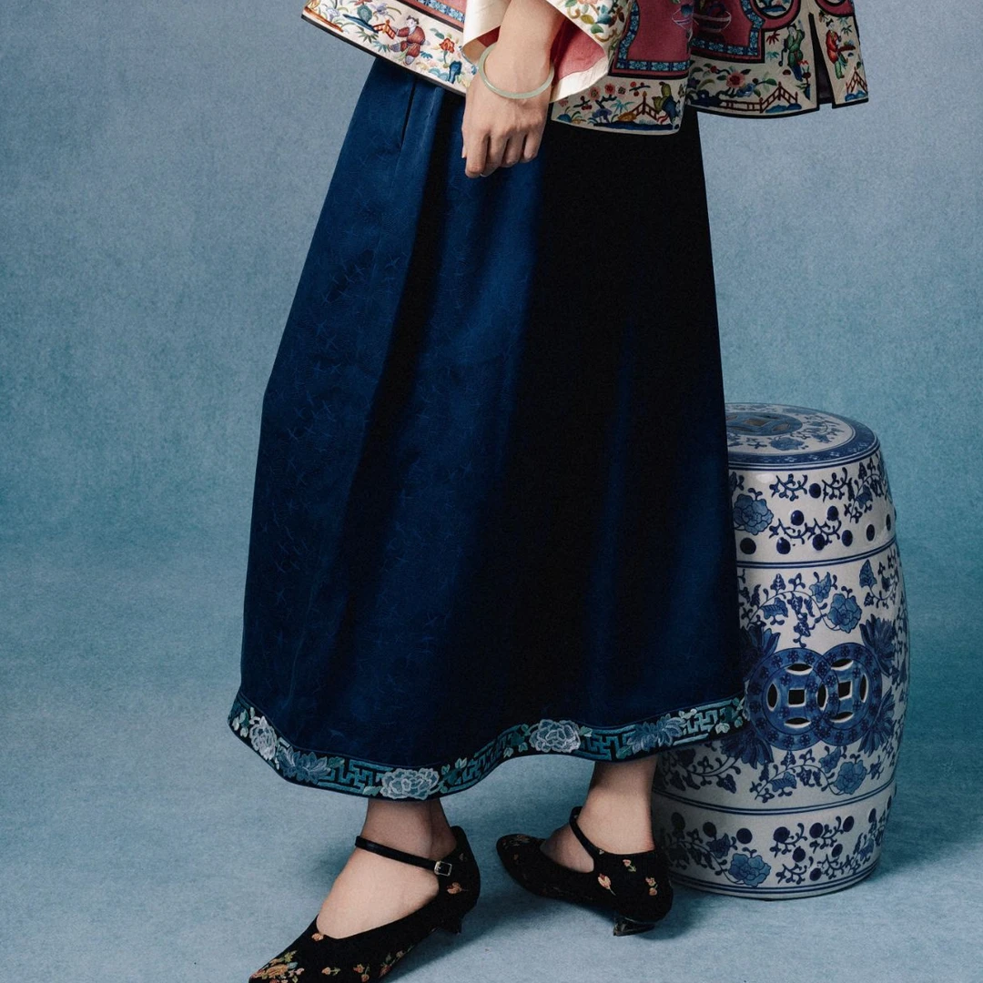 【民国裹裙】葳蕤中国风中式三蓝绣深蓝色裙子