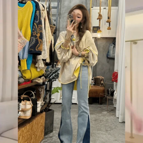 2025年新款超火今年流行爆款米色无帽开叉穿搭卫衣女款韩系慵懒风