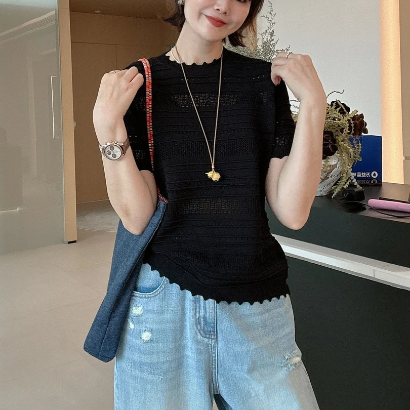 50071大码女装黑色钩花镂空花边圆领短袖t恤新款遮肚显瘦正肩上衣