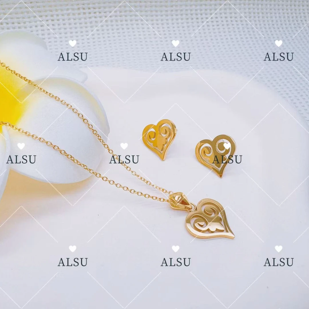 合金项链 ALSU原创经典民族风新款心形项链耳钉两件套百搭时尚