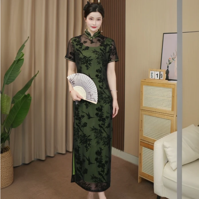 绿绮  绿色旗袍连衣裙复古修身显瘦改良中式春夏日常旗袍裙