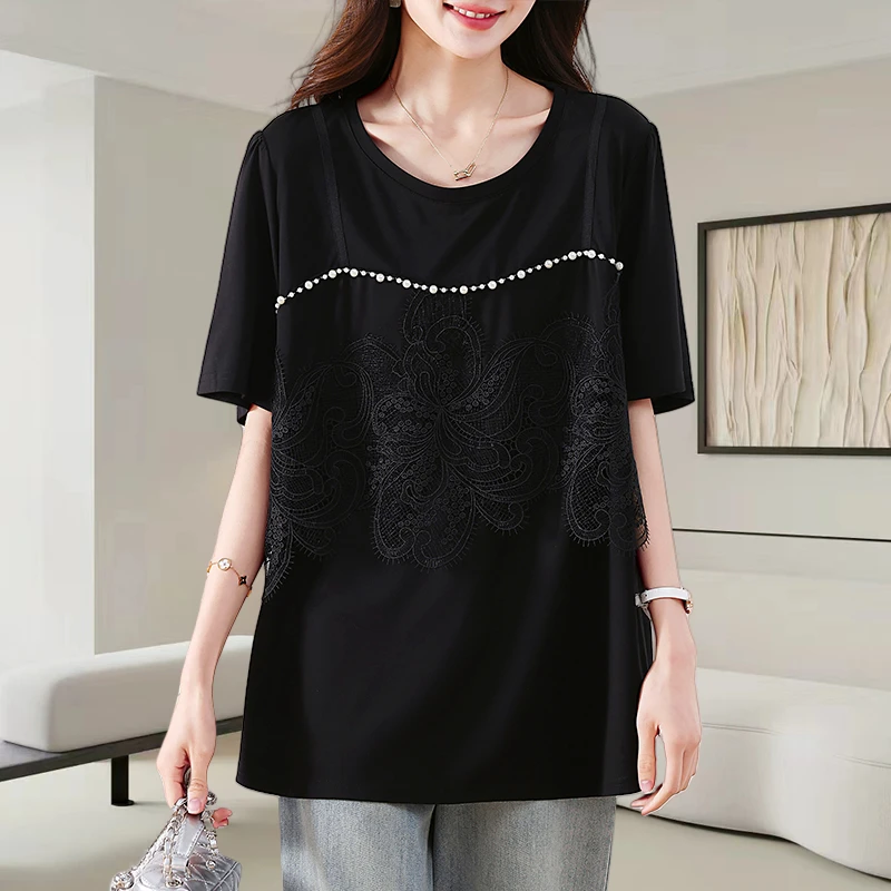 时尚蕾丝正肩短袖t恤女士2025夏季新款宽松遮肚显瘦洋气小衫上衣