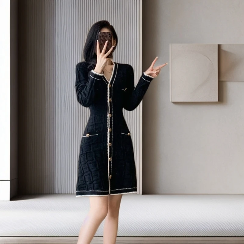 小香风连衣裙学院风黑色针织裙针织气质秋季千金清冷感贵系衣服