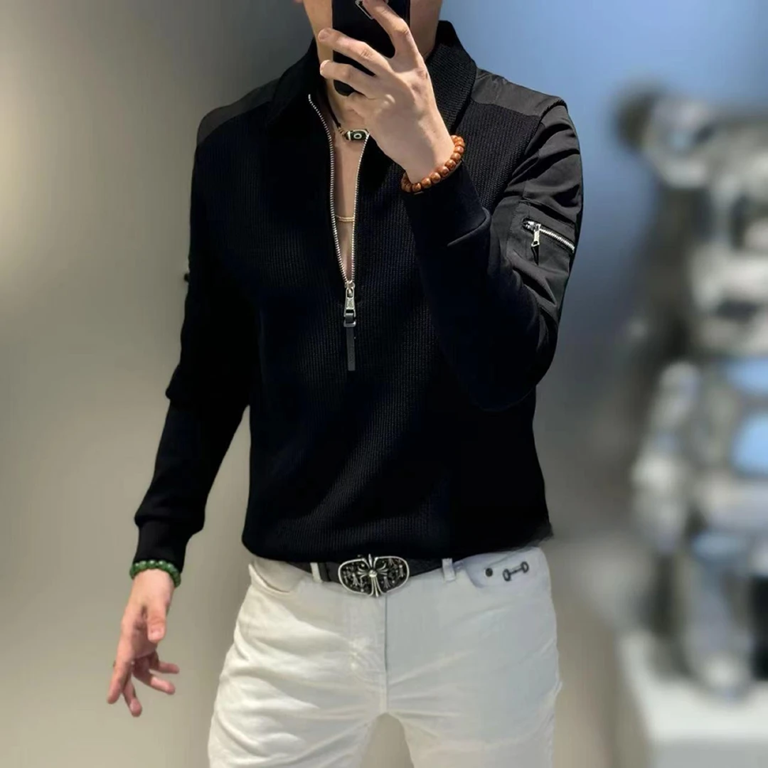 轻奢高端拼接半立领小众舒适上衣男士秋冬新款商务时尚长袖卫衣潮