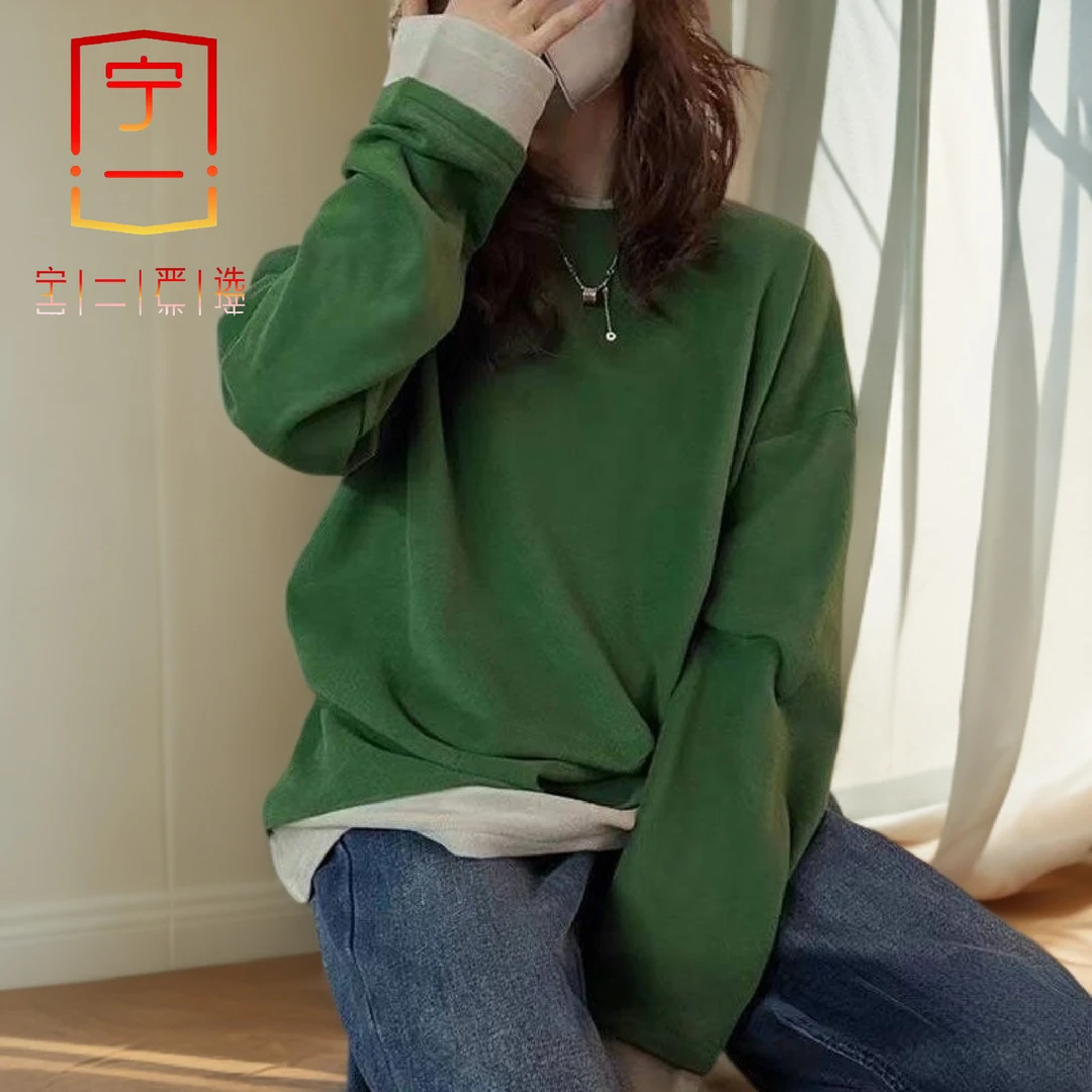 【宁一女装】德绒假两件卫衣春秋新款宽松保暖长袖韩版圆领百搭上衣