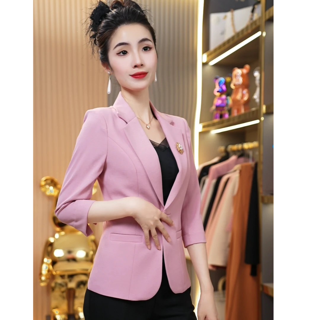 薄款夏季韩版中袖小西装女七分袖修身显瘦百搭春夏小个子短款西服