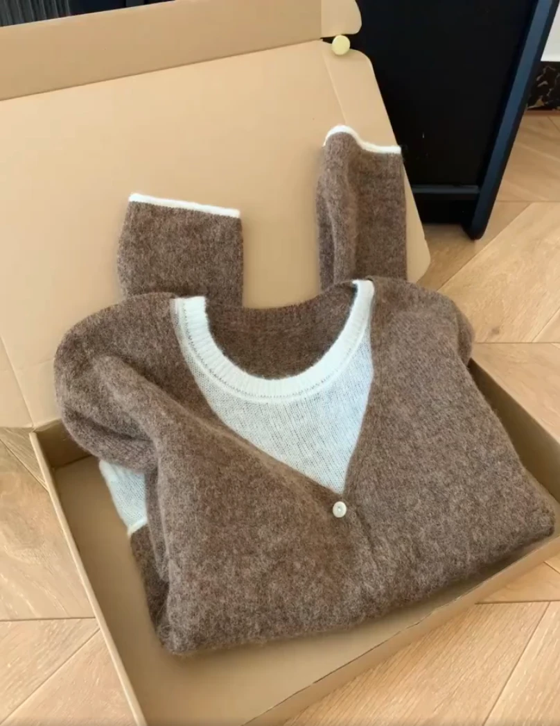 2025新款韩系简约百搭假两件针织开衫毛衣女秋季格雷系撞色上衣