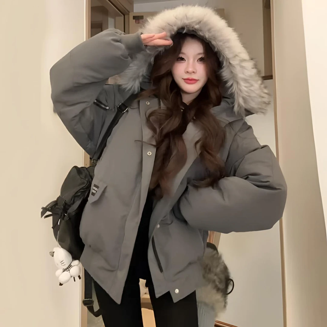 【入冬必备】美式工装派克棉服2024冬季新款加厚大毛领连帽保暖外套