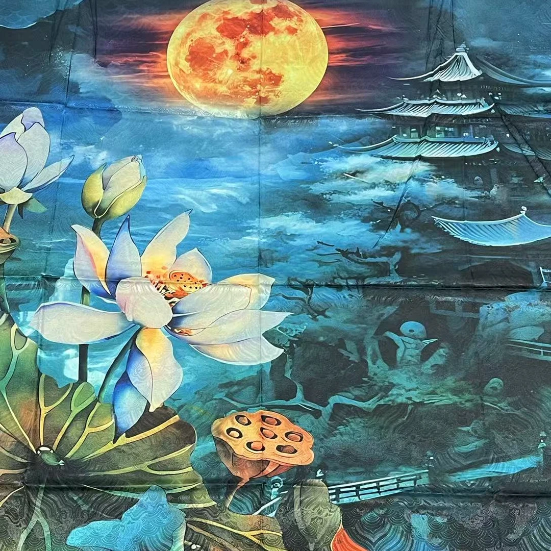 （月下荷花）国风双面135*135左右方巾