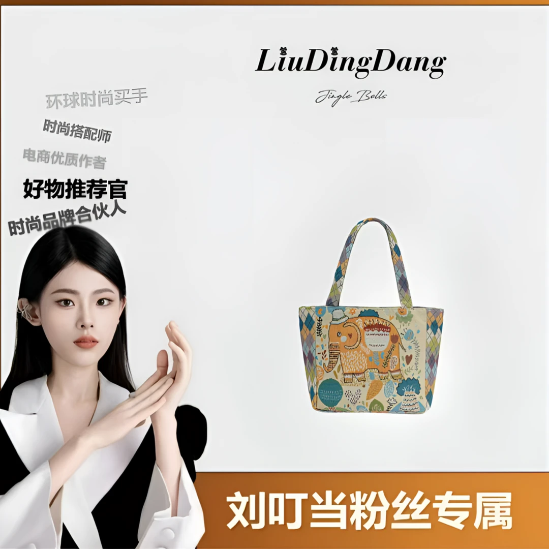 【刘叮当甄选】迷你卡通手提双面刺绣帆布包时尚百搭手提包30*21*8