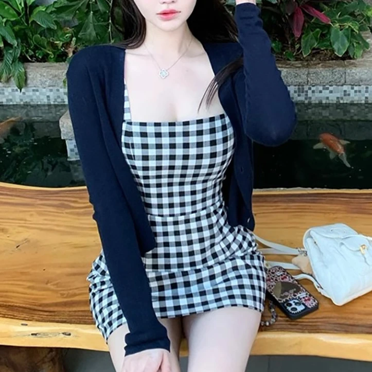新款大姐姐格子裙复古气质格子吊带连衣短裙夏季辣妹修身收腰短裙