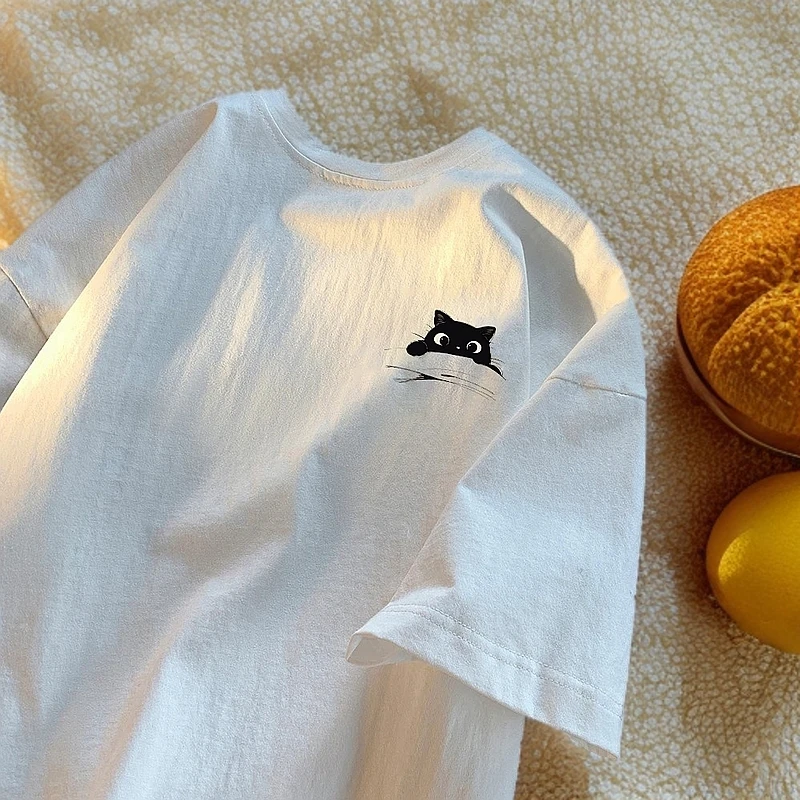 美式痞帅重磅纯棉短袖-桌台小猫夏季男女潮牌宽松时尚百搭上衣