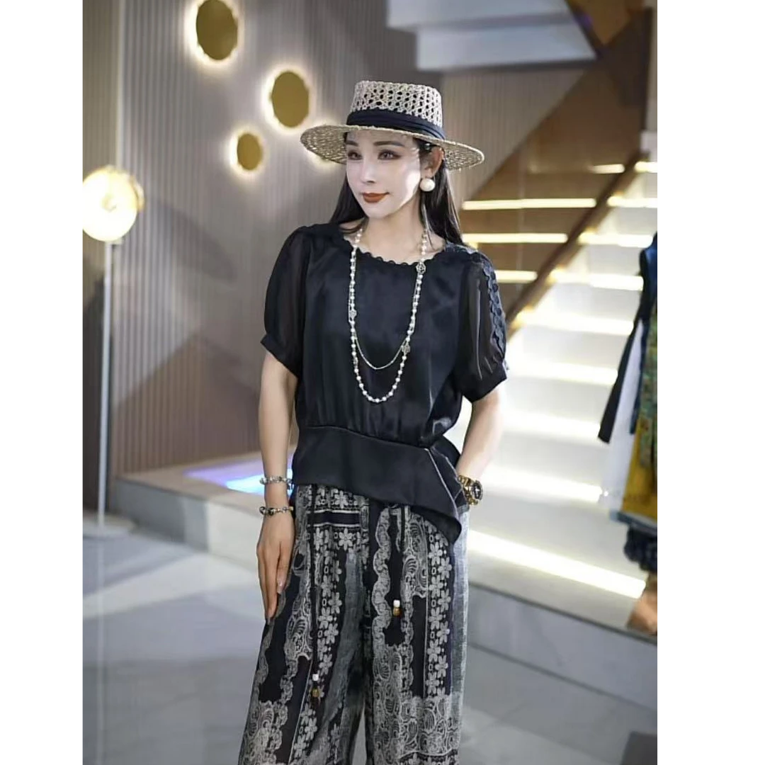 夏季新款气质时尚收腰显瘦龟裂纹遮肚子女士短袖上衣衬衫ML0916+2