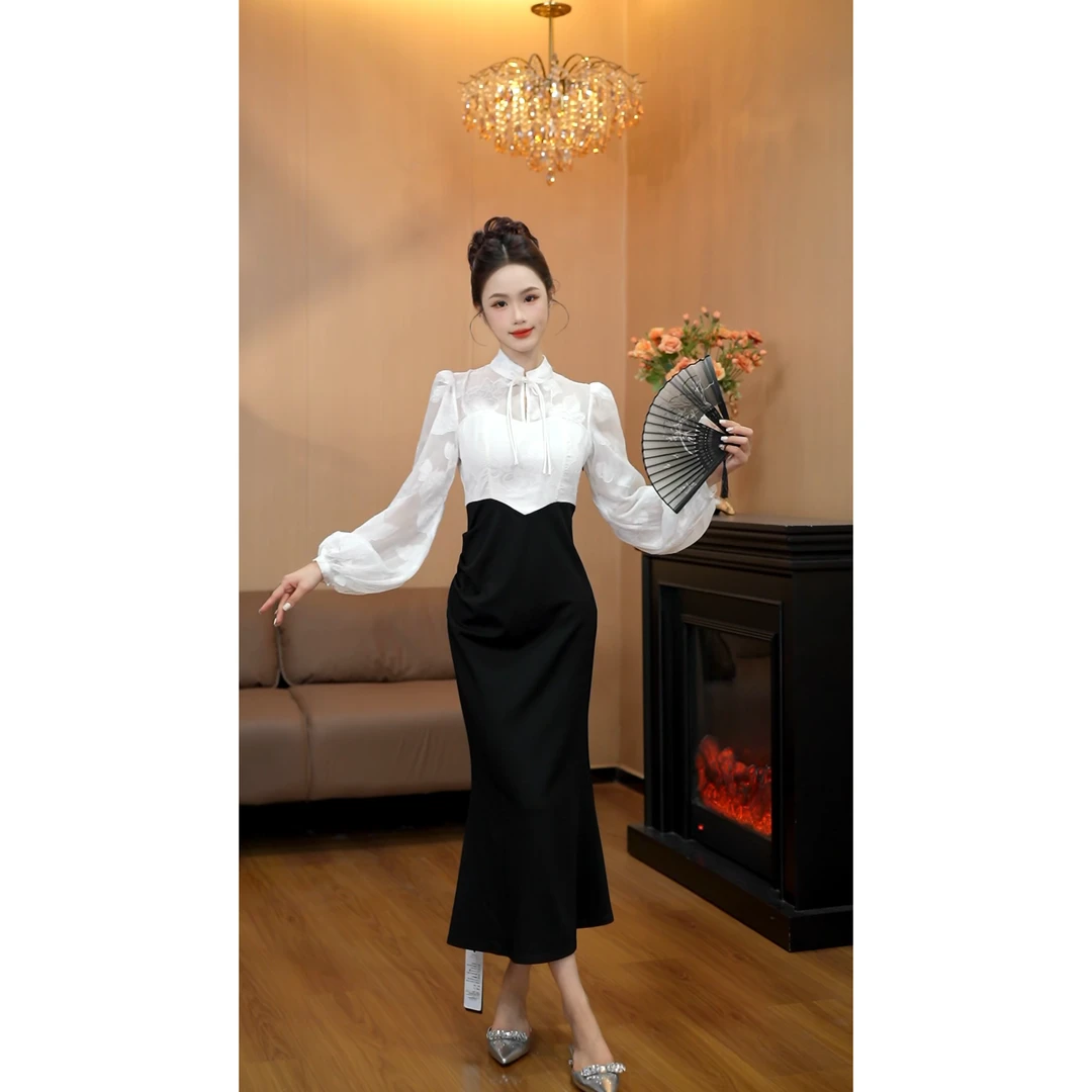 8366新中式盘扣时尚气质鱼尾连衣裙