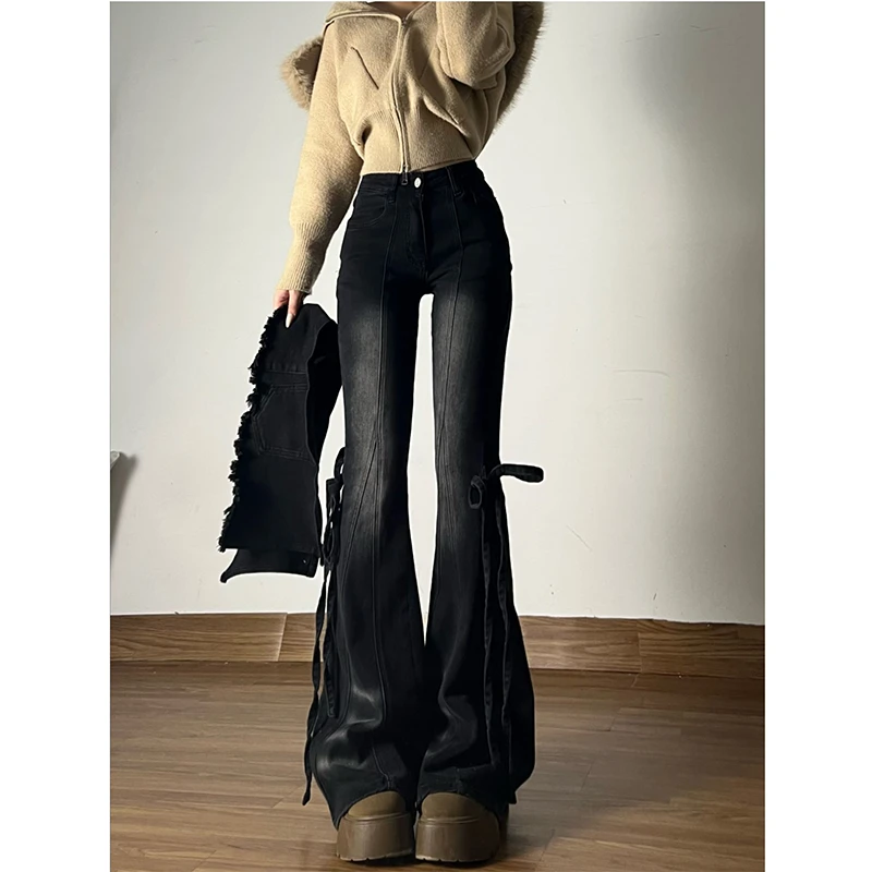 美式辣妹黑色微喇牛仔裤女2025冬季新款设计蝴蝶结绑带磨白喇叭裤