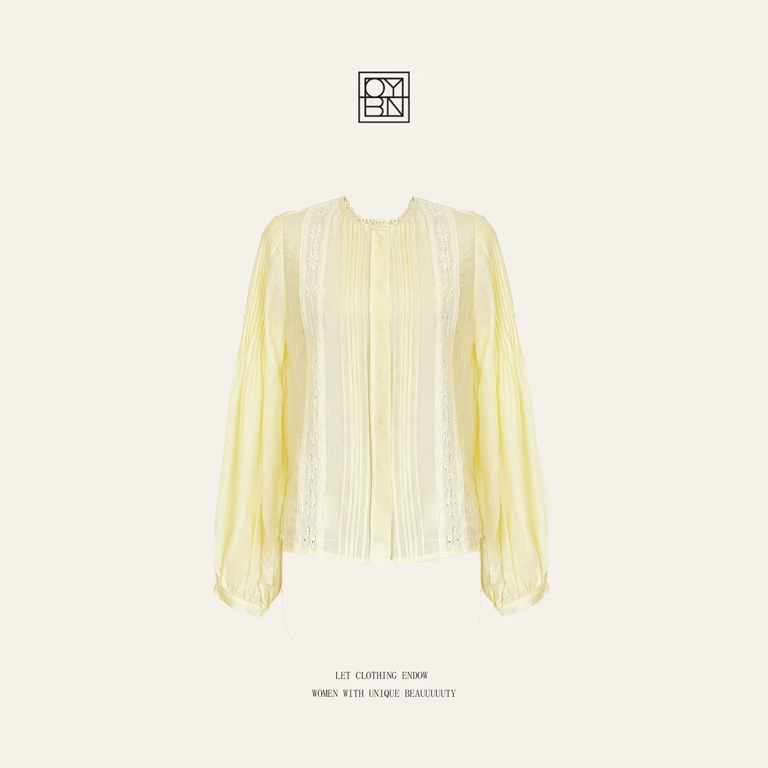 OYBN欧阳贝妮【春日午后】微胖大码蕾丝拼接圆领灯笼袖衬衫1638