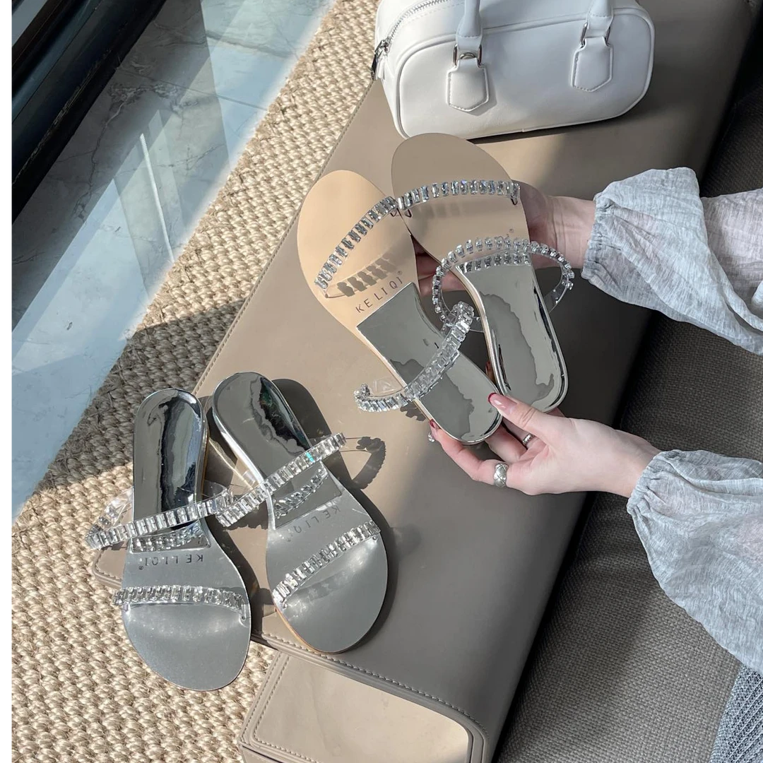 SUMI 名媛气质！优雅水钻一字带夏季圆头平底凉鞋电镀坡跟露趾凉拖