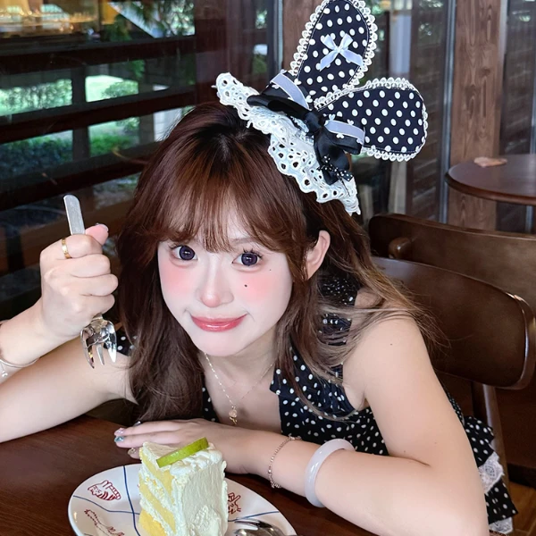 日系甜美蕾丝蝴蝶结波点兔耳发夹女可爱生日派对拍照发卡头饰发饰