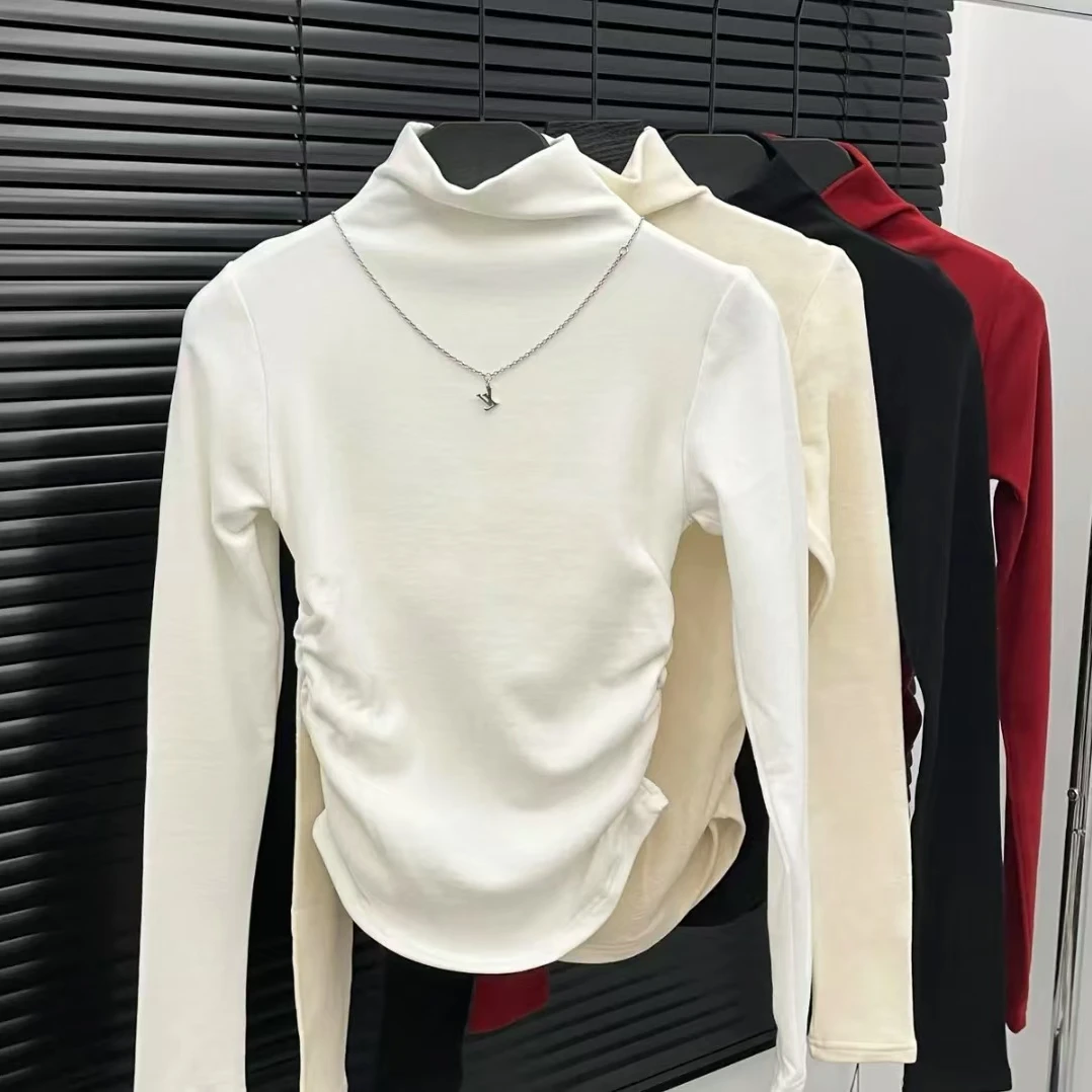 新款收腰百搭半高领长袖秋冬软糯女式打底T恤内搭保暖时尚褶皱风