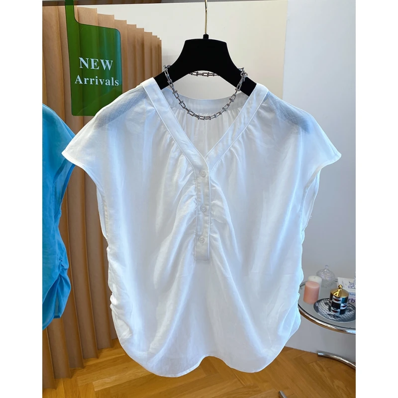 高级感独特漂亮V领短款显瘦衬衫女夏2025新款超好看洋气小衫上衣