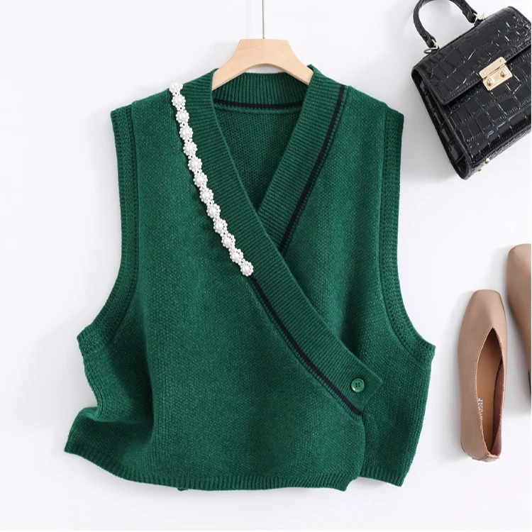 22003-绿色【晶姐优选】珍珠针织无袖马甲毛衣开衫外套宽松背心外穿