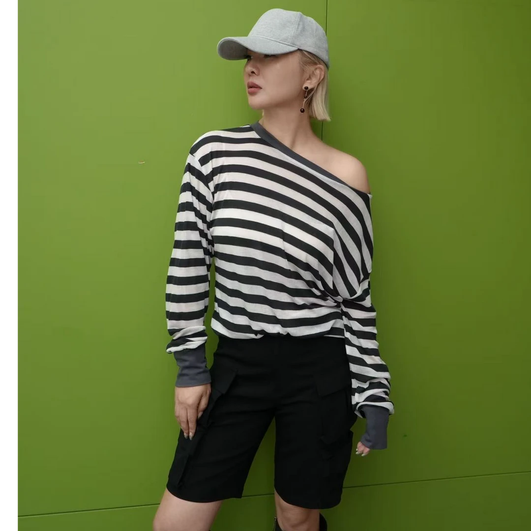 ANNAMOOER条纹斜肩长袖T恤
