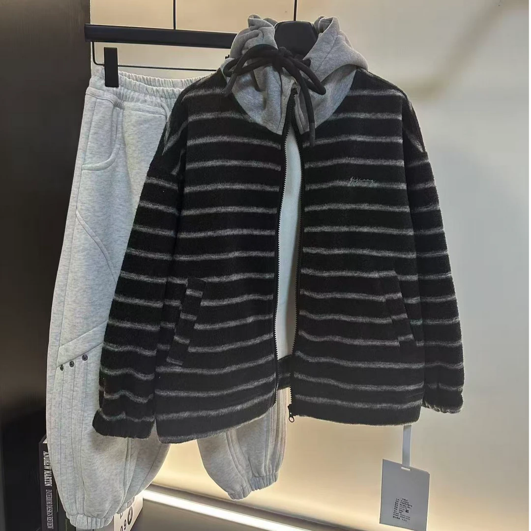 {加绒}儿童拉链条纹秋冬连帽宽松韩版卫衣男女童中长款