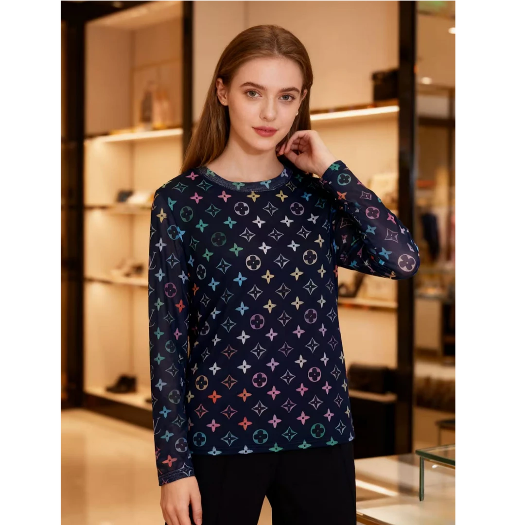 JNJAJNJA黑色三彩长袖休闲高级感双层网纱上衣女薄款T恤-9486