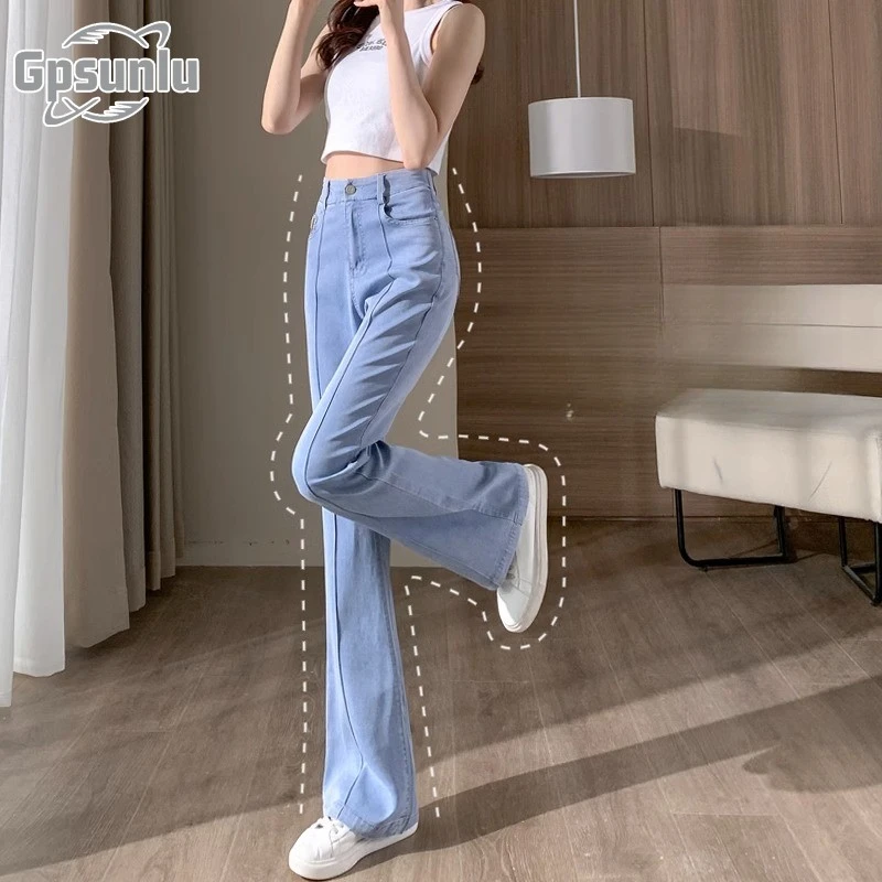 gpsunlu薄款高腰微喇牛仔裤女夏季新款秋季高腰白色微喇牛仔裤